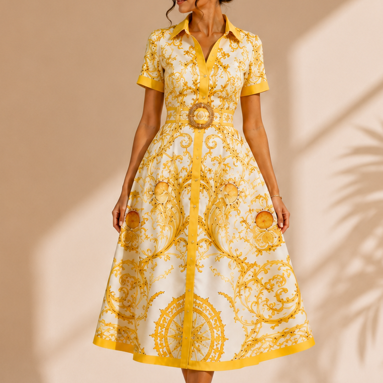 Robe chemise midi baroque jaune