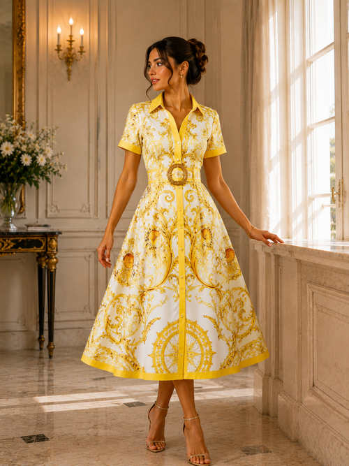 Robe Chemise Baroque Jaune – Élégance Signature