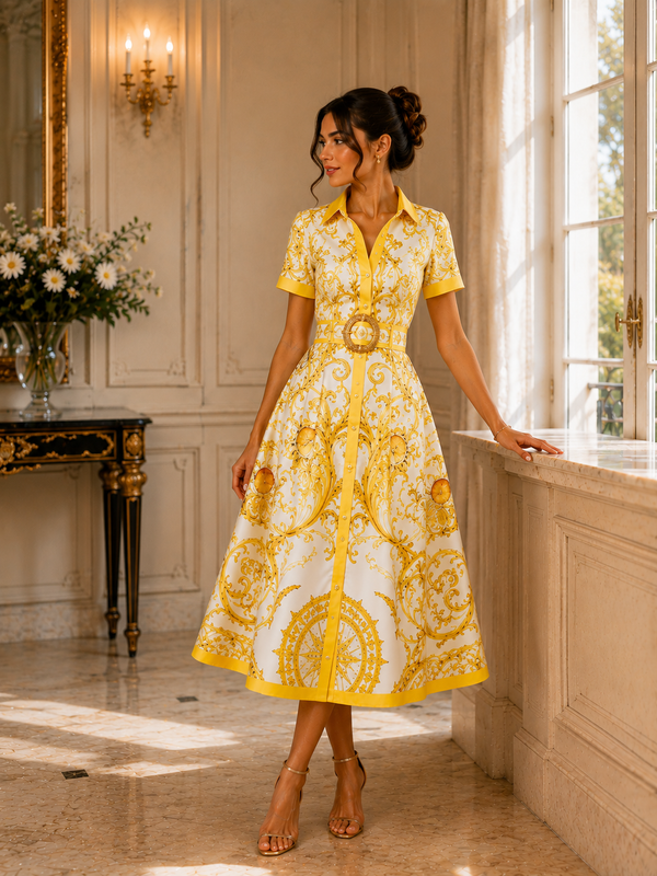 Robe Chemise Baroque Jaune – Élégance Signature