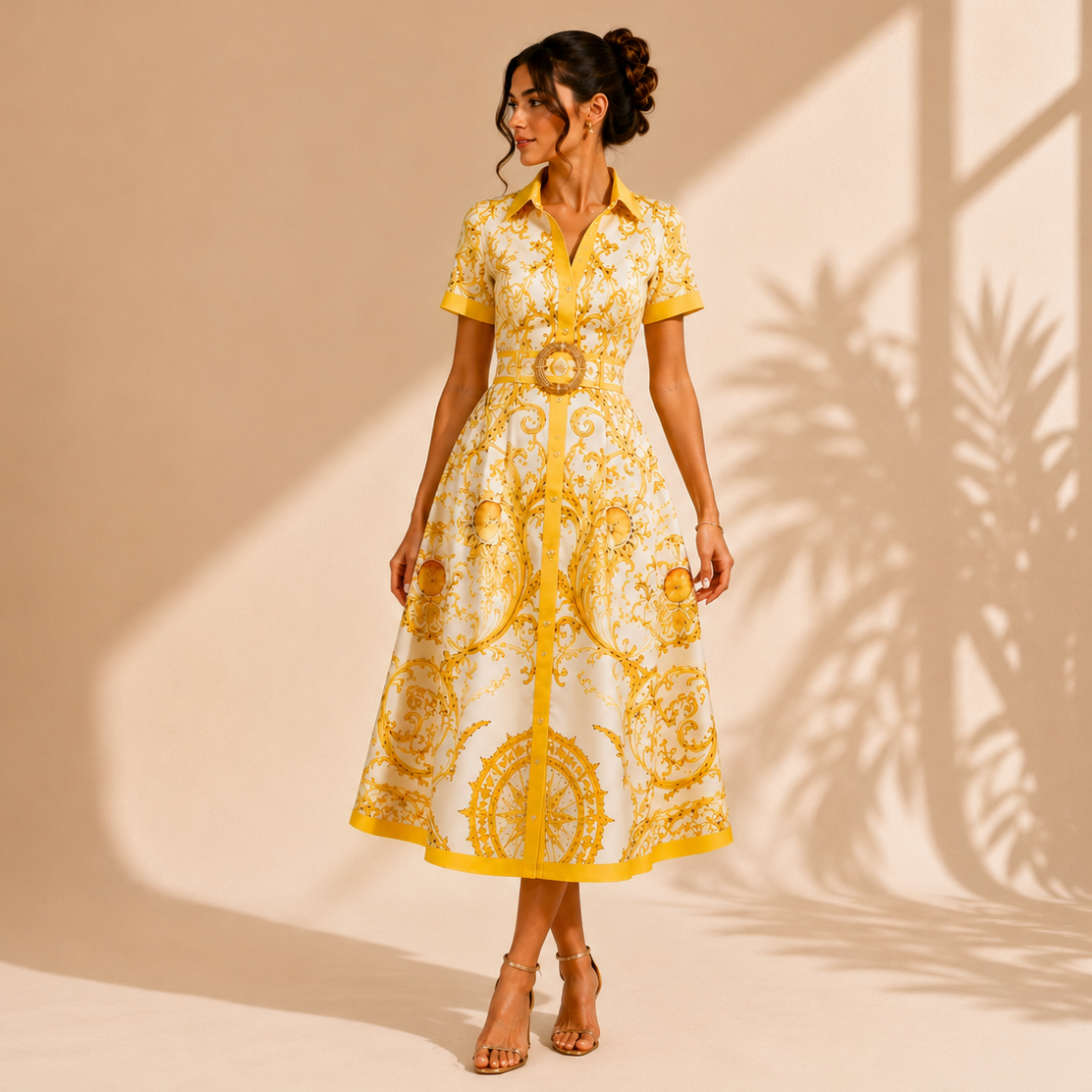 Robe chemise midi baroque jaune